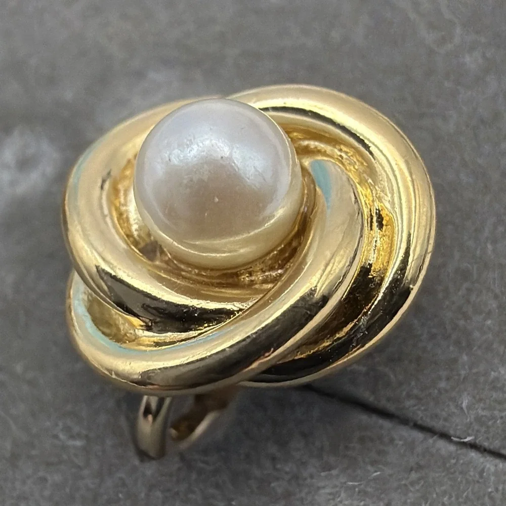 Trifari Faux Pearl Gold Tone Clip On Earrings, Approx. 1/2